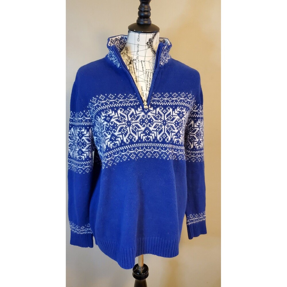 CJ Banks 1X Plus Size Blue White Snowflake Quarter Zip Knit Sweater Winter Cozy